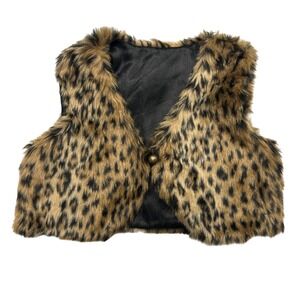 Mob Wife Faux Fur Leopard Print Crop Vest 3T Brown Tan Animal Print Layering